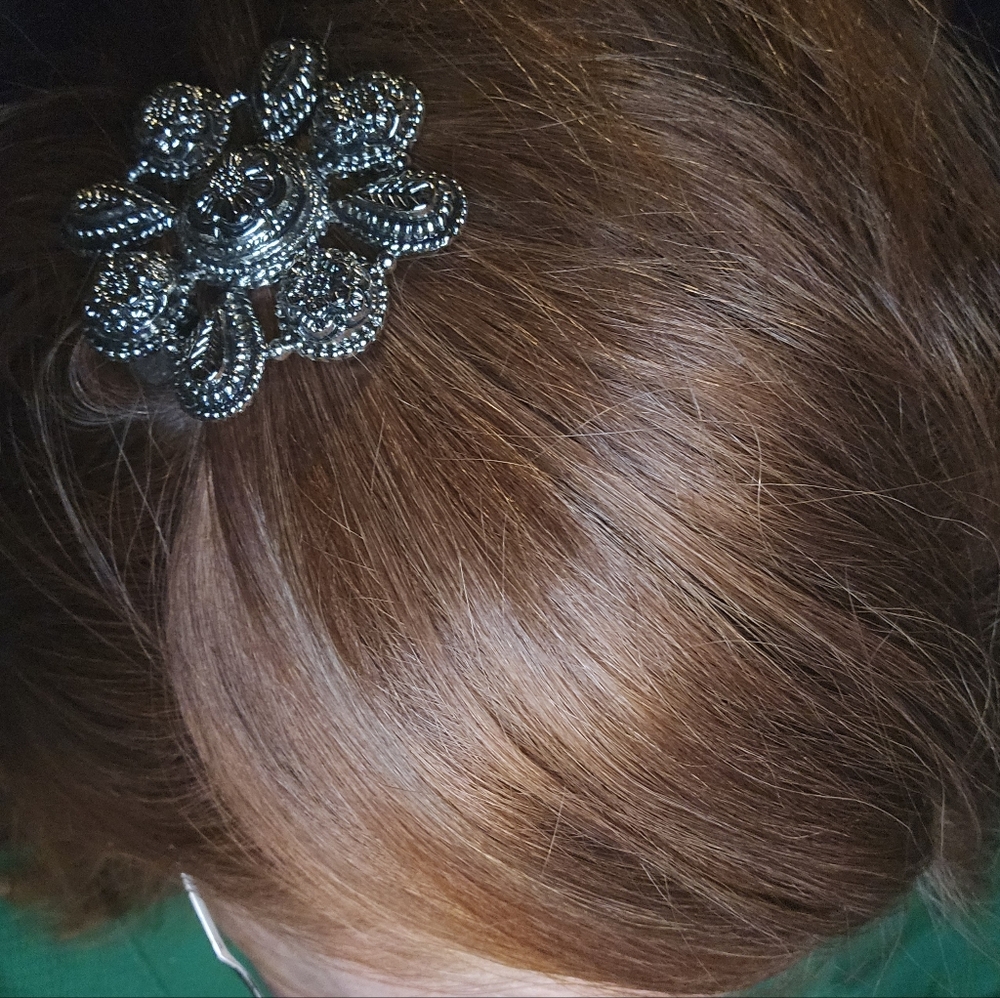 Signed Silver Metal Flower Shape Hair Clip Large